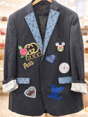 Embroidered Pinstripe Blazer with Light Blue Trim - Gucci & Louis Vuitton Motif